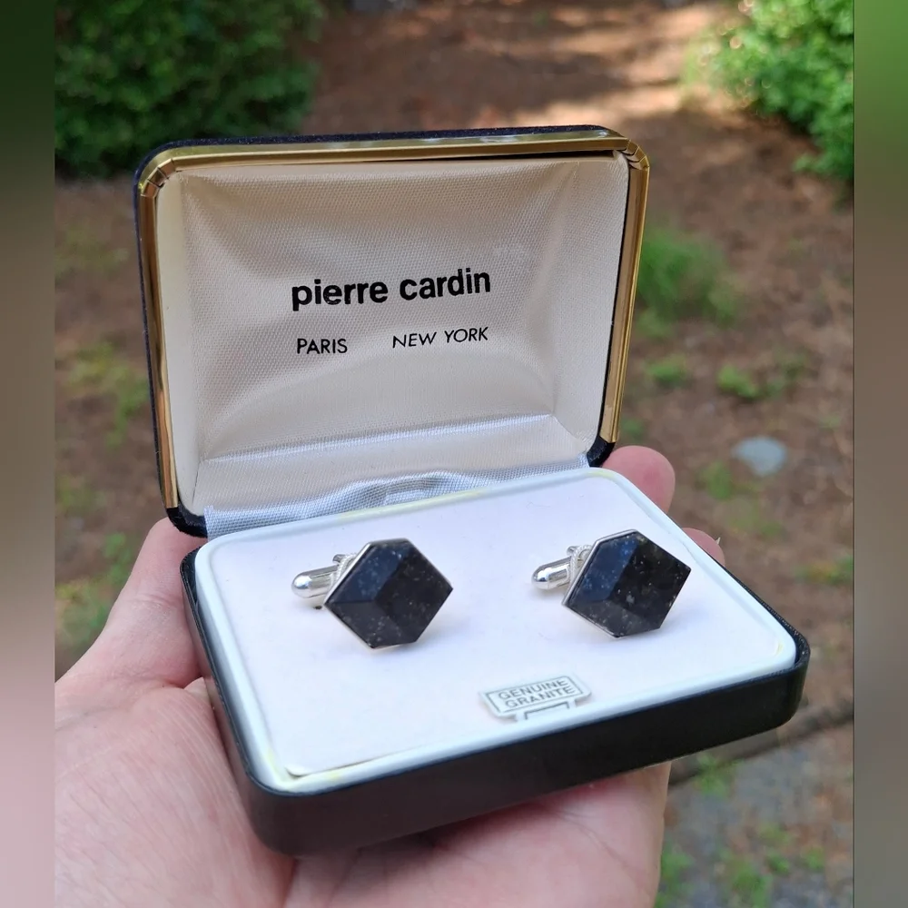 Rare Vintage Pierre Cardin Granite Cube & Silver Tone Cufflinks